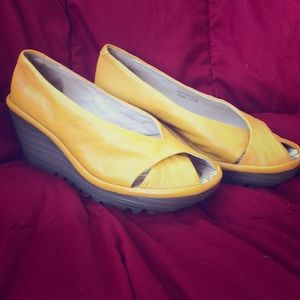 FLY LONDON "Yaff" Open Toe Yellow Leather Wedges